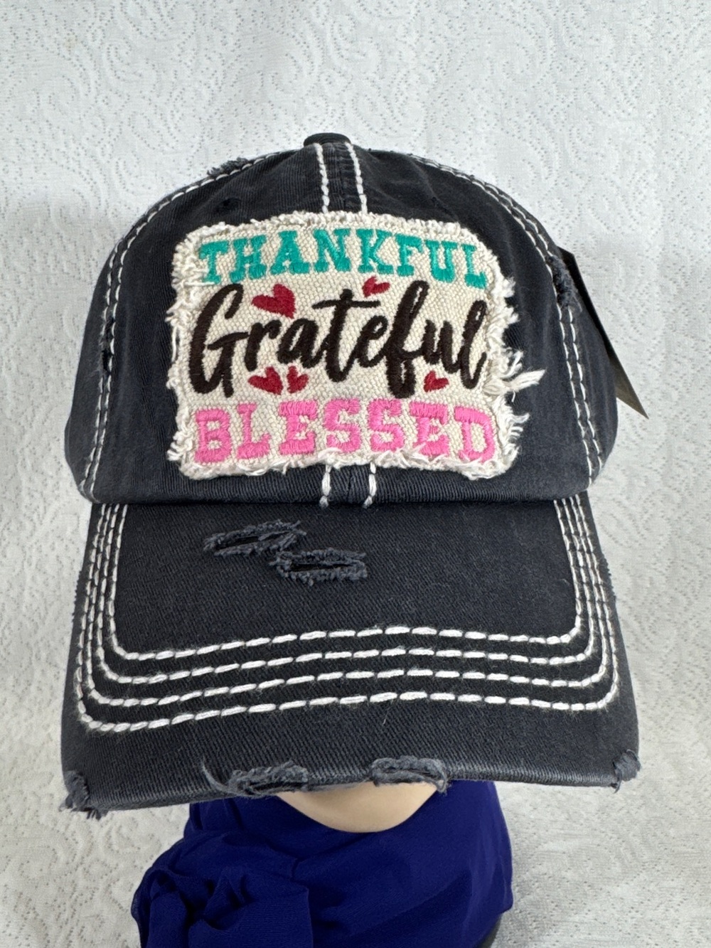 New With Tag Black Hat Embroidered 'Thankful Grateful Blessed' Baseball Cap